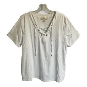 Michael Kors Top Women 1X White Plus Size Lace-up Short Sleeve Pullover Nautical